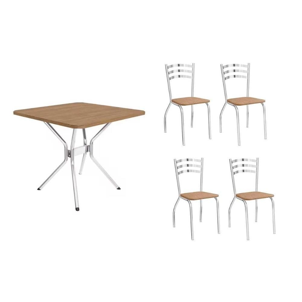 Conjunto: Mesa Sala Jantar Loire c/ Tampo de Madeira 90cm + 4 Cadeiras Portugal Cromada/Capuccino Kappesberg