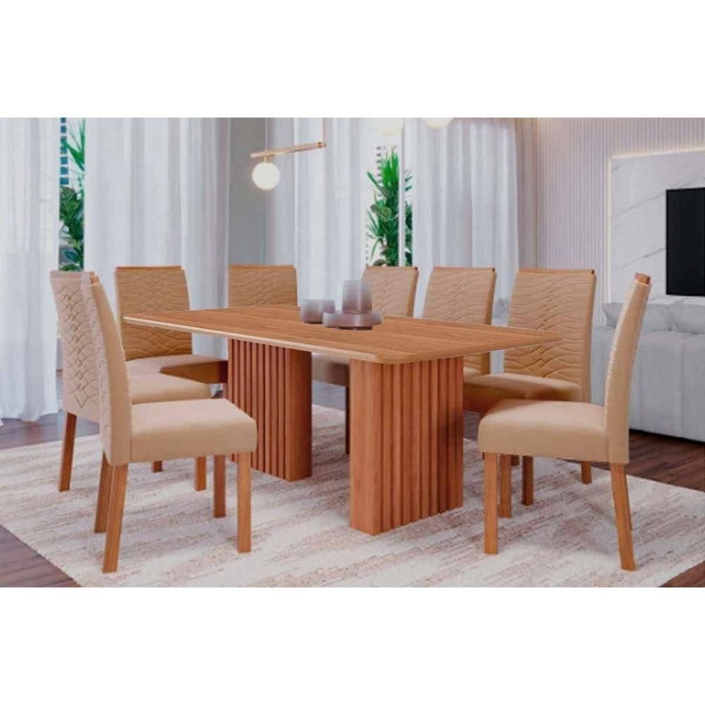 Conjunto: Mesa Sala Jantar Ester Tampo Madeirado 210x100cm e 8 Cadeiras Clarice Cinamomo - Carvalho/Linho Bege Cimol