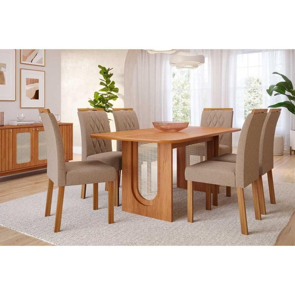 Conjunto: Mesa Sala Jantar Valentina Tampo Madeirado 180x90cm e 6 Cadeiras Juliana Cinamomo - Carvalho/Linho Bege Cimol