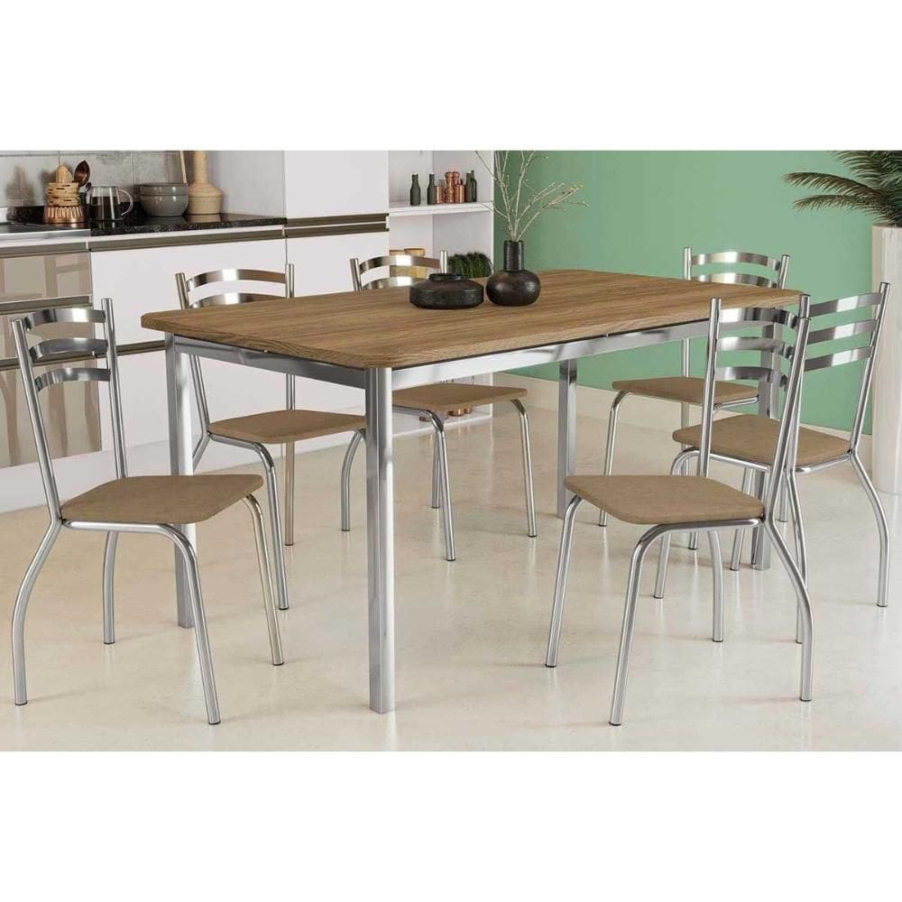 Conjunto: Mesa Sala Jantar Reno c/ Tampo Madeira 160cm e 6 Cadeiras Portugal Cromada/Capuccino Kappesberg