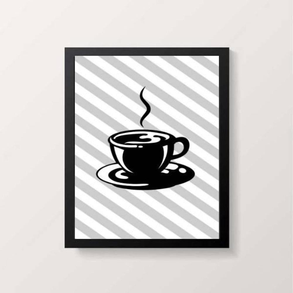 Quadro Xícara De Café Fundo Listrado 45X34 Vidro Preta