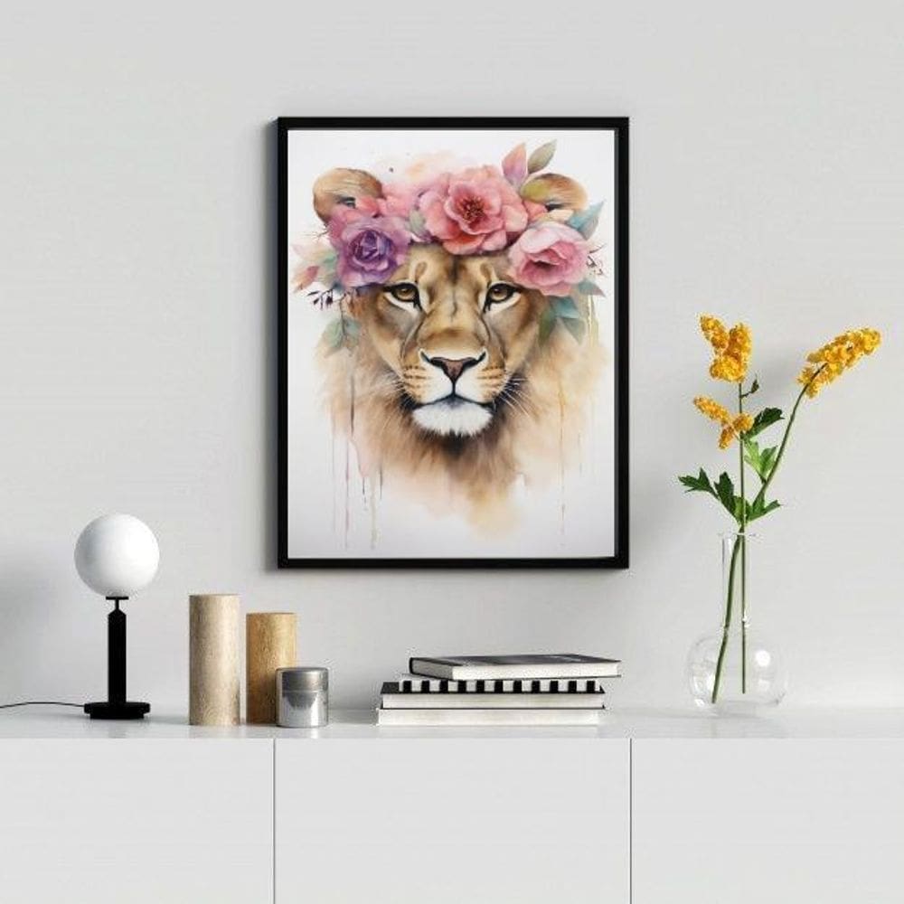 Quadro Leoa c/ Coroa de Flores 45x34cm - Madeira Branca