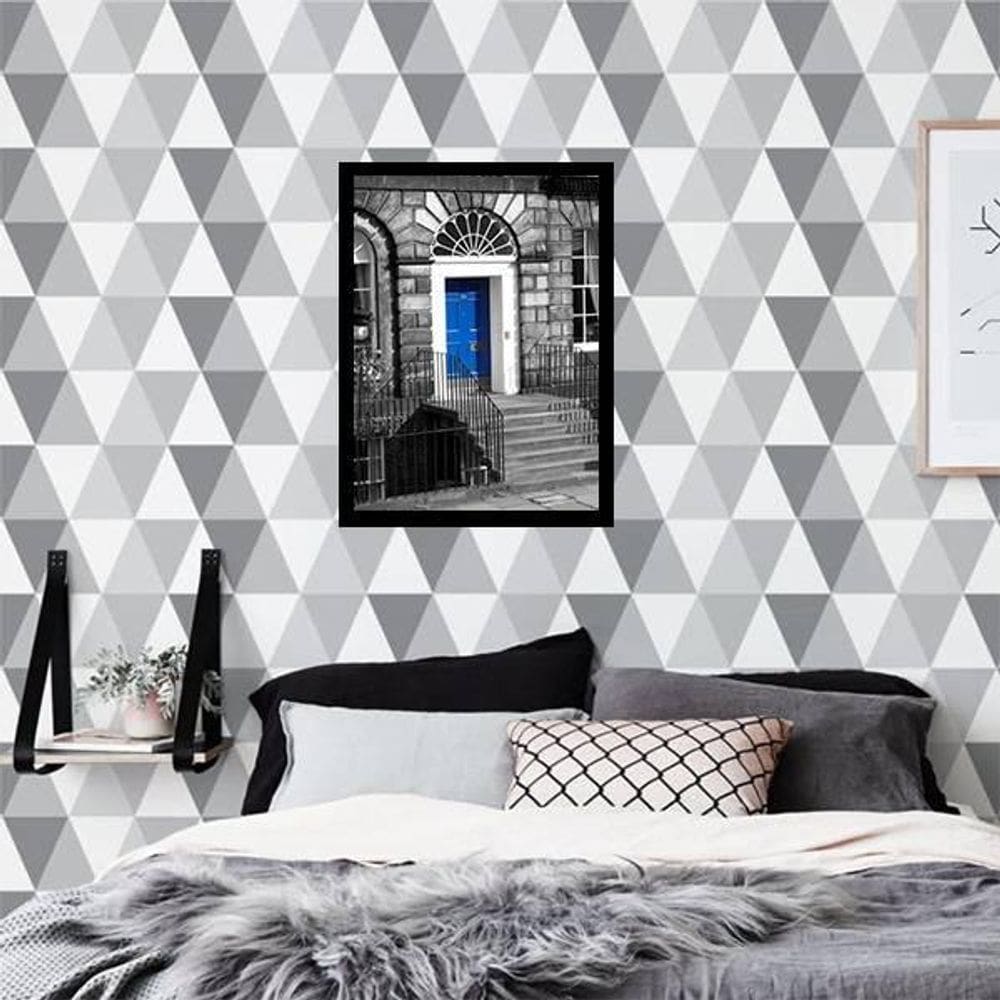 Quadro Fotografia Porta Azul 33X24 Com Vidro - Madeira Preta