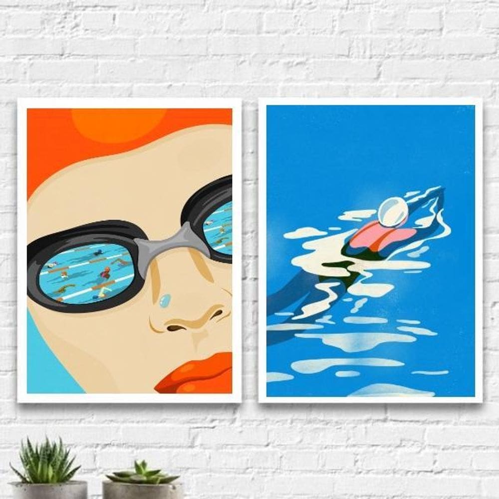 Kit 2 Quadros Decorativos Natação 33X24Cm Branca