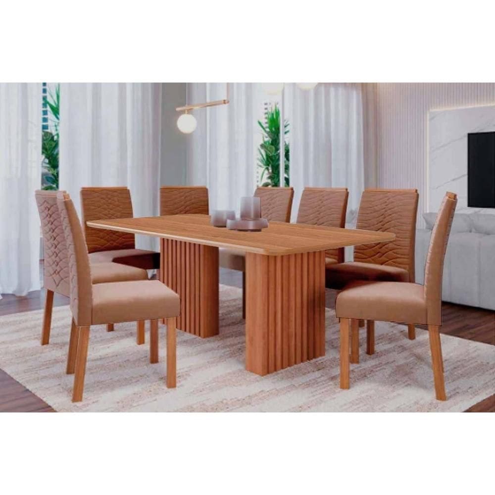Conjunto: Mesa Sala Jantar Ester Tampo Madeirado 210x100cm e 8 Cadeiras Clarice Cinamomo - Carvalho/Suede Joli Capuccino Cimol