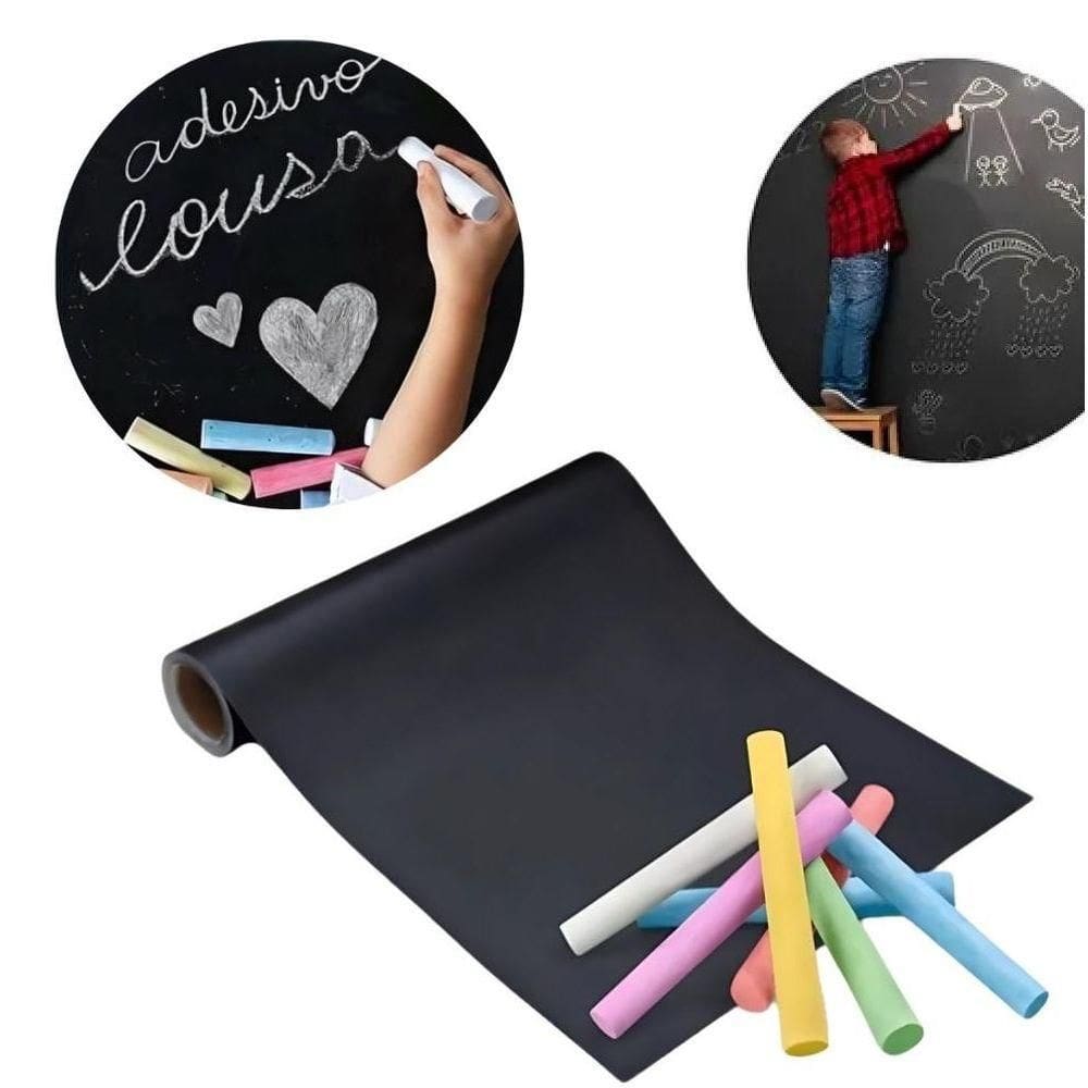 Adesivo Lousa Quadro Negro 1 Metro Papel Parede Contact Kit Completo Giz 1m X 45cm Preto Lavavel