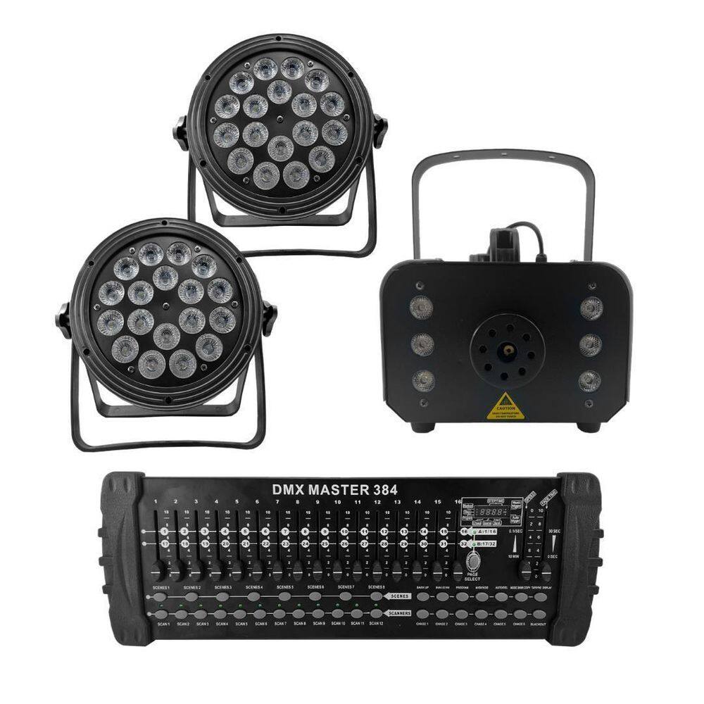 Kit 2 Par Led Slim + Máquina De Fumaça 1200W + Mesa Dmx 384