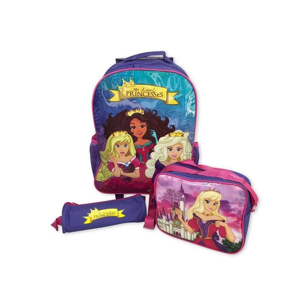 Kit Mochila Infantil Escolar Lancheira Estojo Princesa Roxa