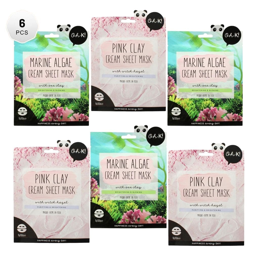 Máscara Facial Oh K! Creme em Lenço Algas Marinhas 3 unidades + Argila Rosa 3 unidades
