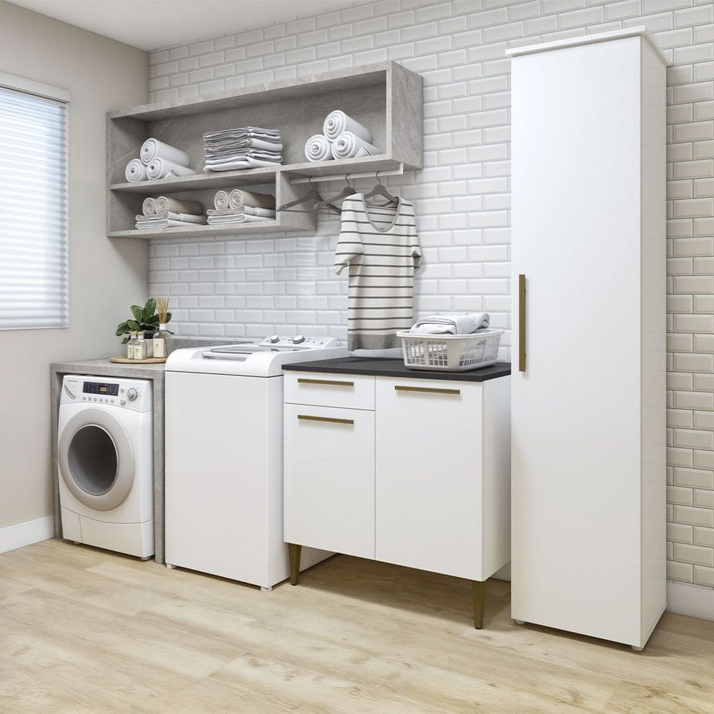 Lavanderia Modulada Maua 1 Armario Multiuso e Balcao Branco Kaiki Moveis