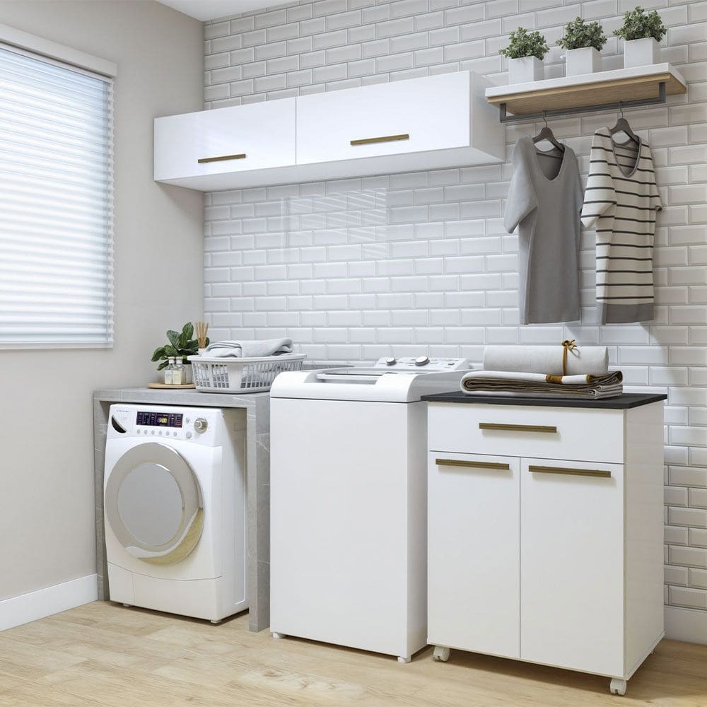 Lavanderia Modulada Mage 2 Armarios Aereos e Balcao Branco Kaiki Moveis