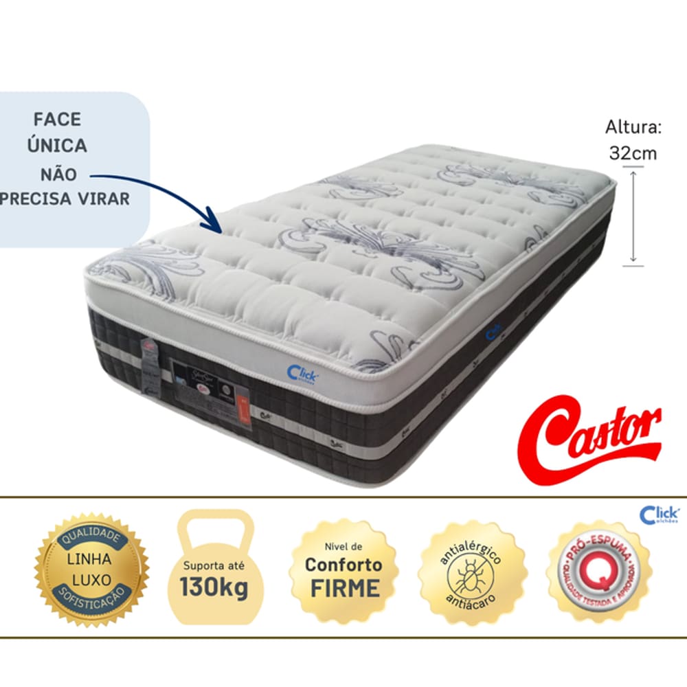Colchão Castor Solteiro King 96x203x32 cm Tecnopedic One Face – Alto Padrão, Suporte até 130 kg | Medida Especial
