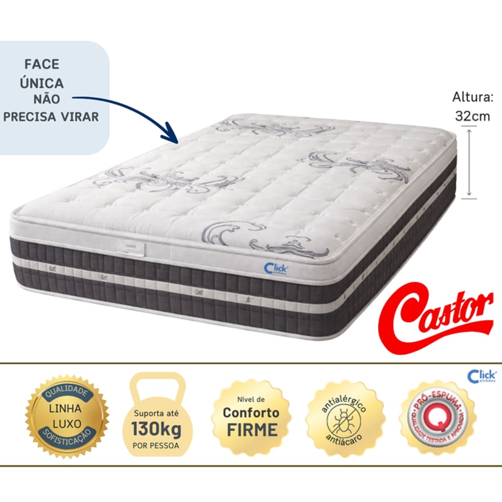 Colchão Castor King 193x203x32 cm Molas Tecnopedic One Face – Alto Padrão | Suporte até 130 kg