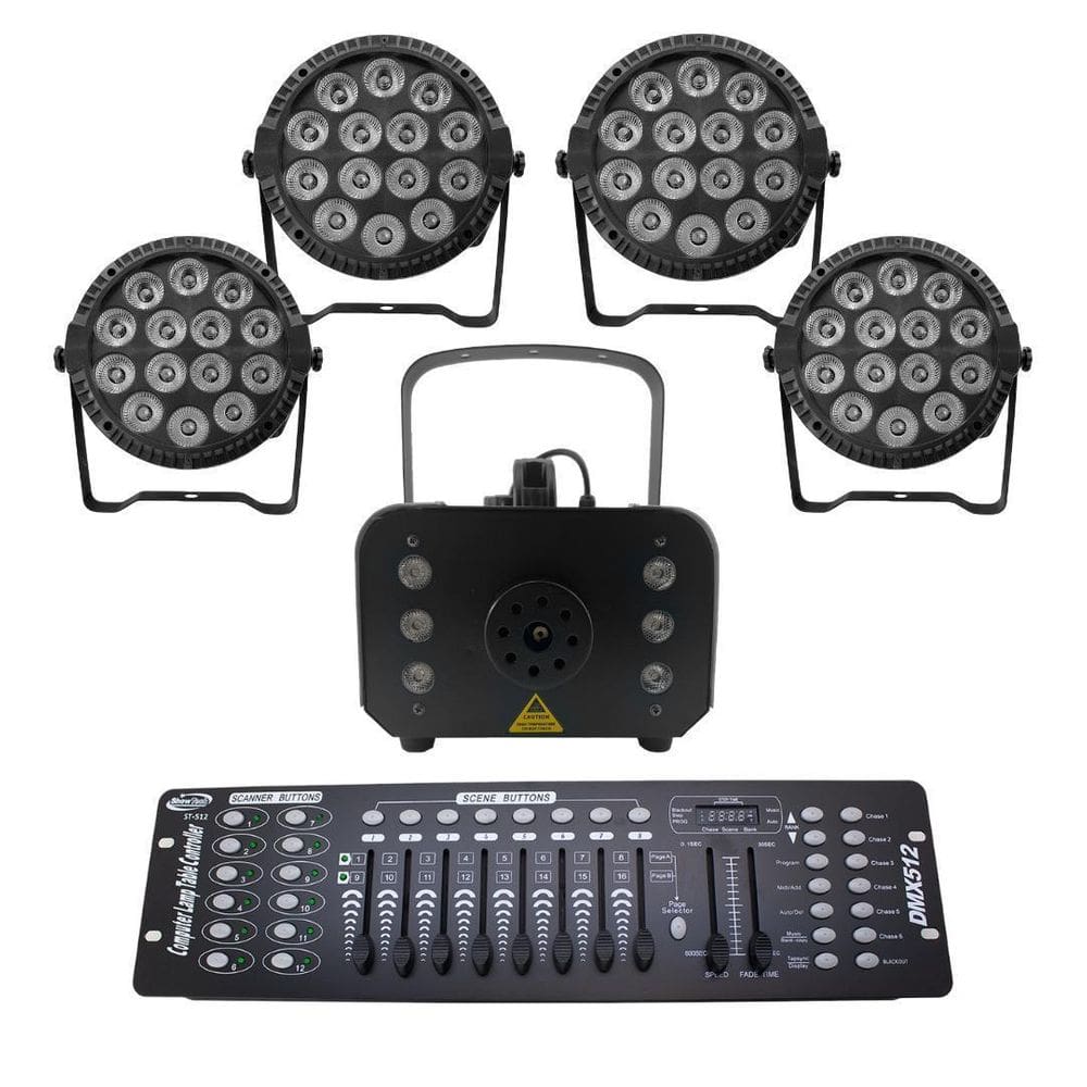 Kit 4 Par Led Slim + Máquina De Fumaça 1200W + Mesa Dmx 512