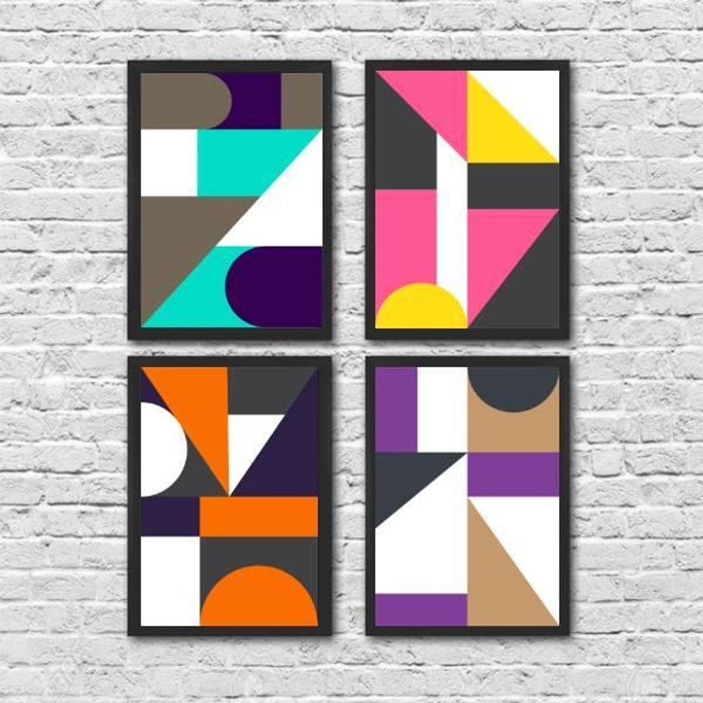 Kit 4 Quadros Geométricos Pantone 45X34Cm Com Vidro Preta