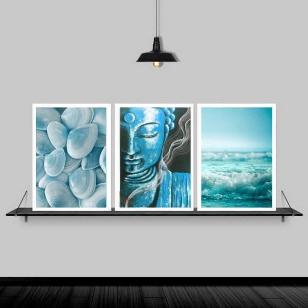 Kit 3 Quadros Zen Buda Mar Azul 45X34 C/Vidro Madeira Branca