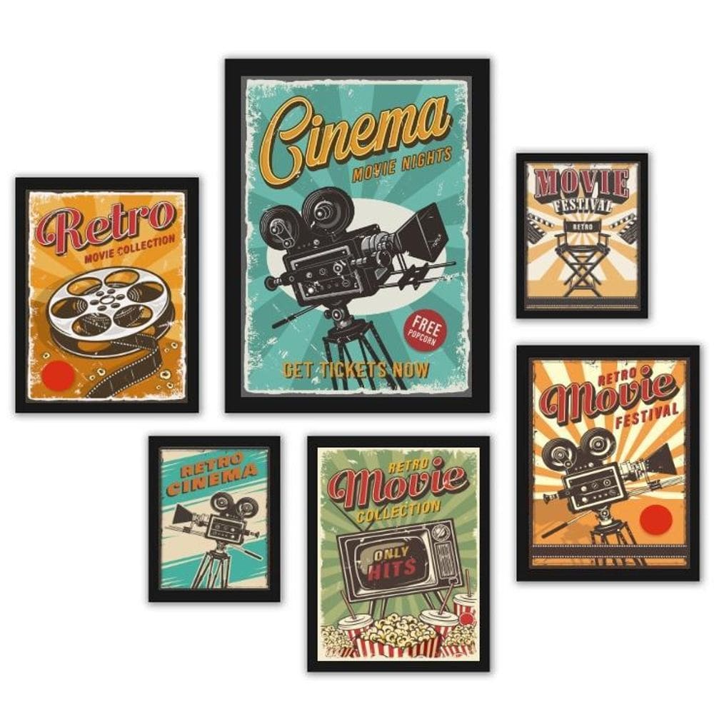 Quadros Decorativos Sala de Cinema - Kit 6 Quadros - Madeira Preta - Vidro - Limpeza