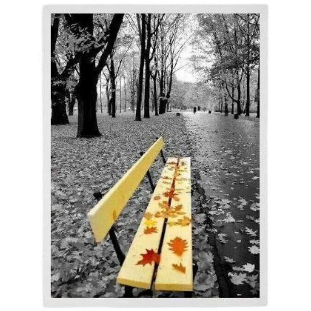 Quadro Fotografia Banco Praça Amarelo Moldura Branca 45X34Cm