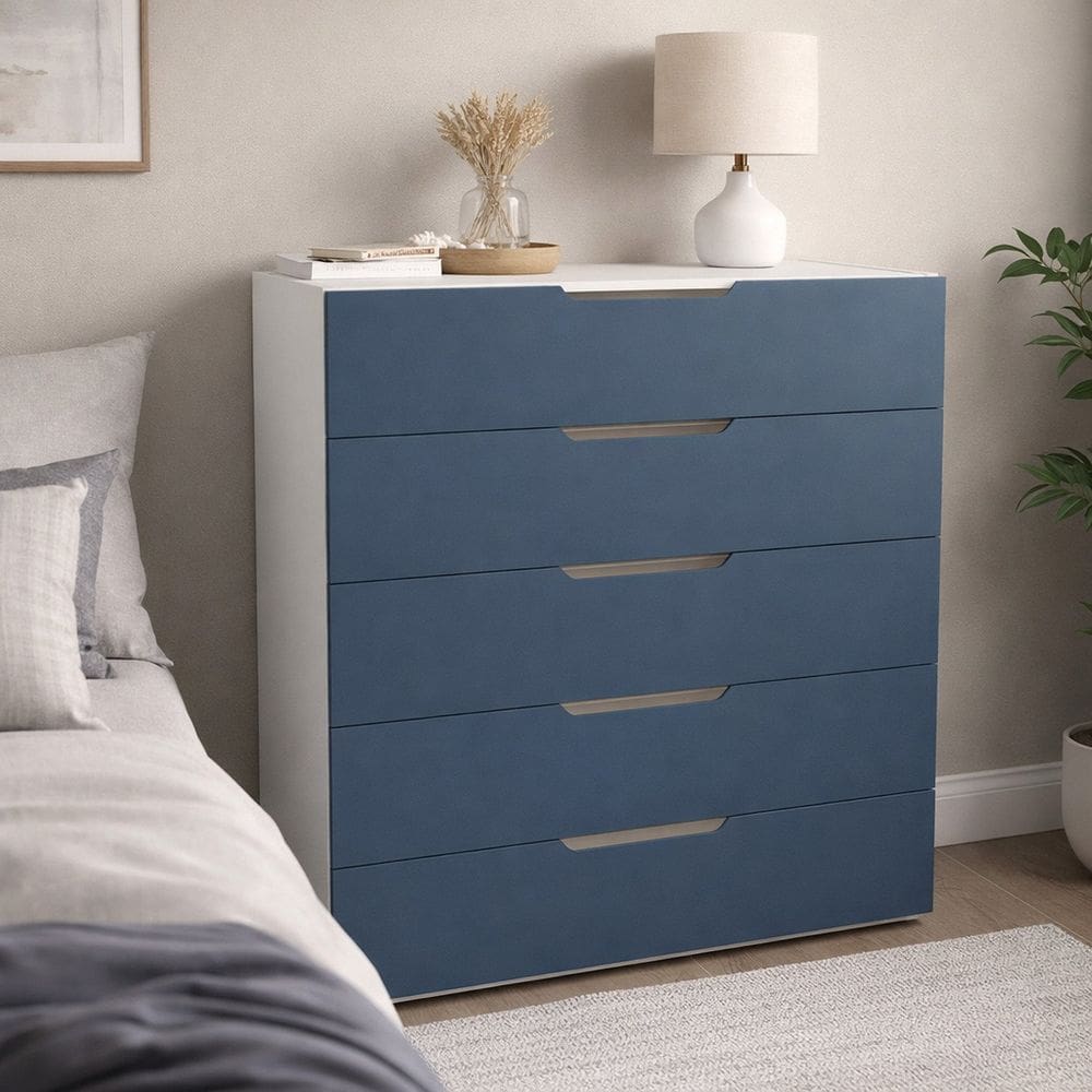 Cômoda para Quarto 5 Gavetas 90cm Madri Azul/Branco