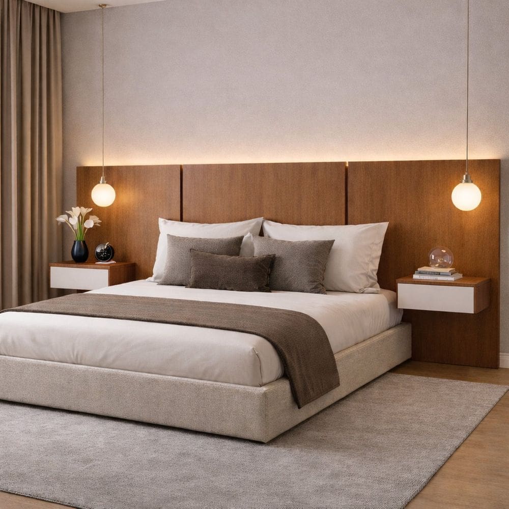 Cabeceira Casal com Led e 2 Mesas de Cabeceira Lumina Box Off White/Freijó