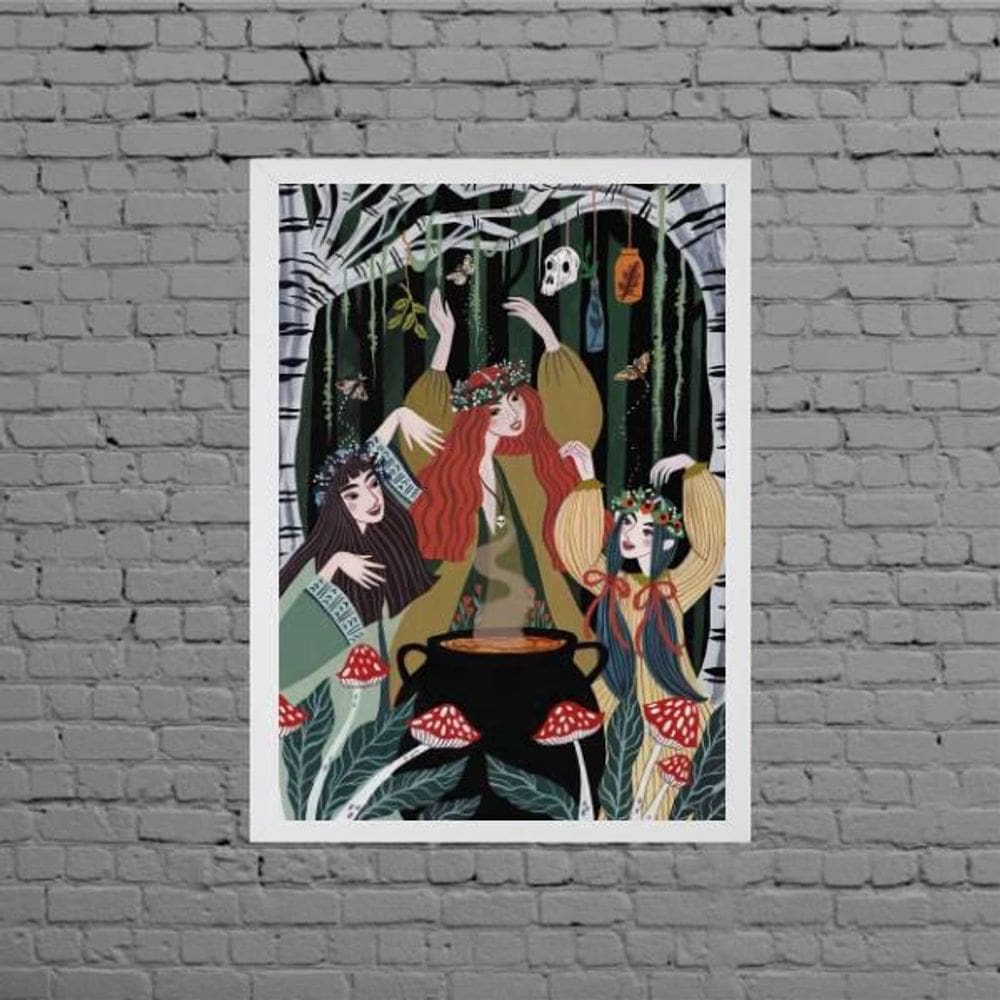 Quadro Decorativo As Três Bruxas 33X24Cm Moldura Branca