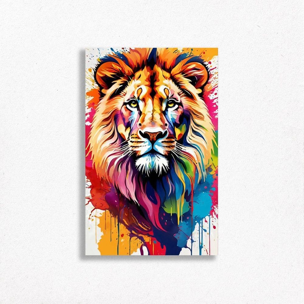 Quadro Decorativo Leão Rei Cores Arco-Íris Colororido Animal