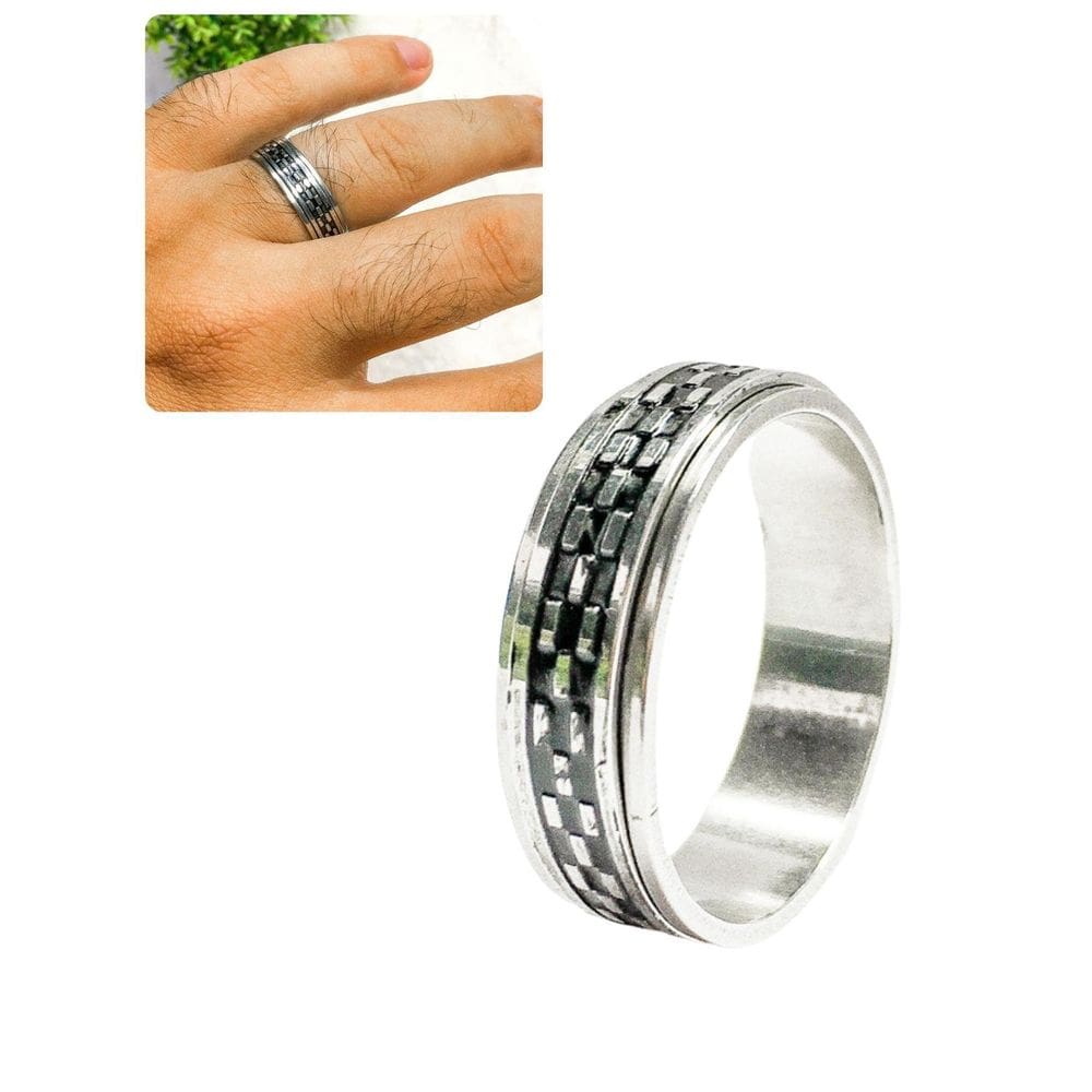 Anel Dedeira 7Mm Masculino Giratório Prateado Preto