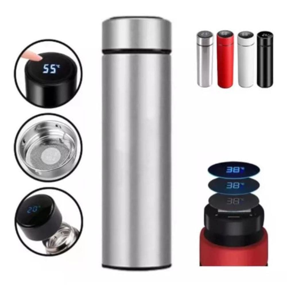 Garrafa Térmica Squeeze Medidor Temperatura 500Ml Inox Cinza