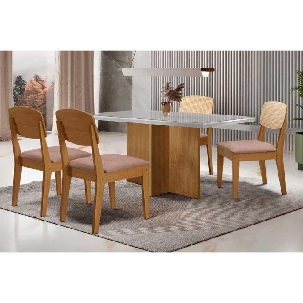 Conjunto: Mesa de Cozinha Berlim Curvo 120cm + 4 Cadeiras Havana Naturale/Off White - Linho Capuccino - Rufato