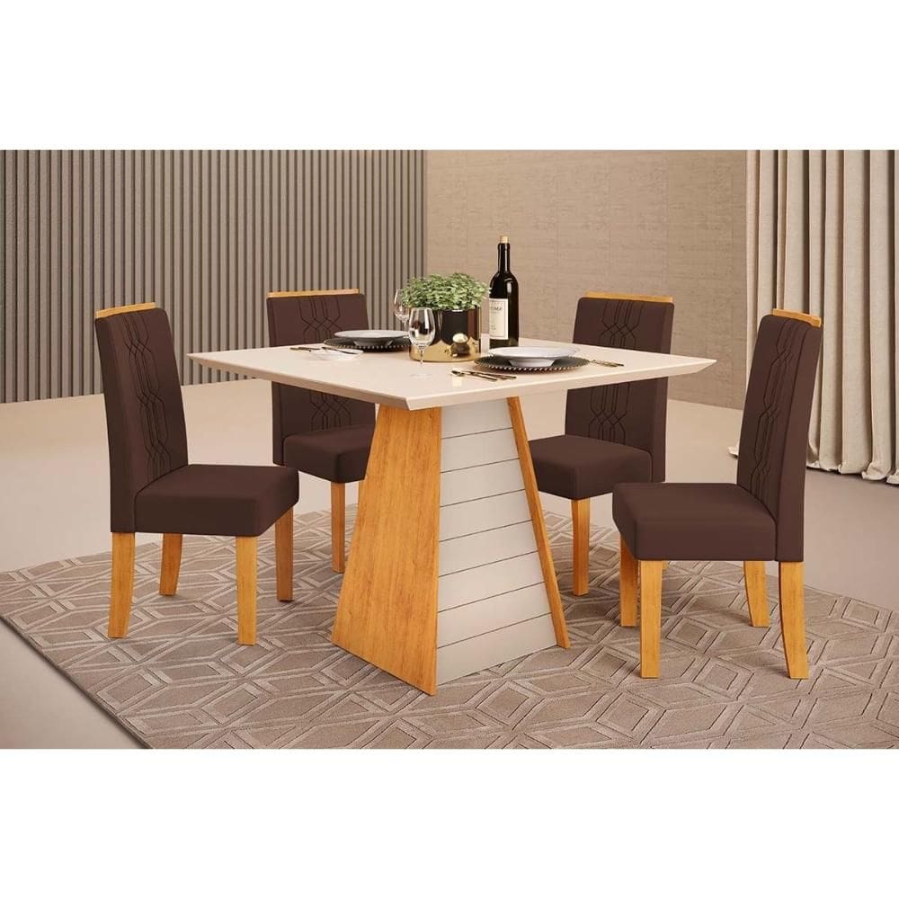 Conjunto: Mesa de Cozinha Fler c/ Tampo Madeirado c/ Vidro 90x90cm e 4 Cadeiras Zoe Cedro/Off White - Suede Moca - DJ Móveis