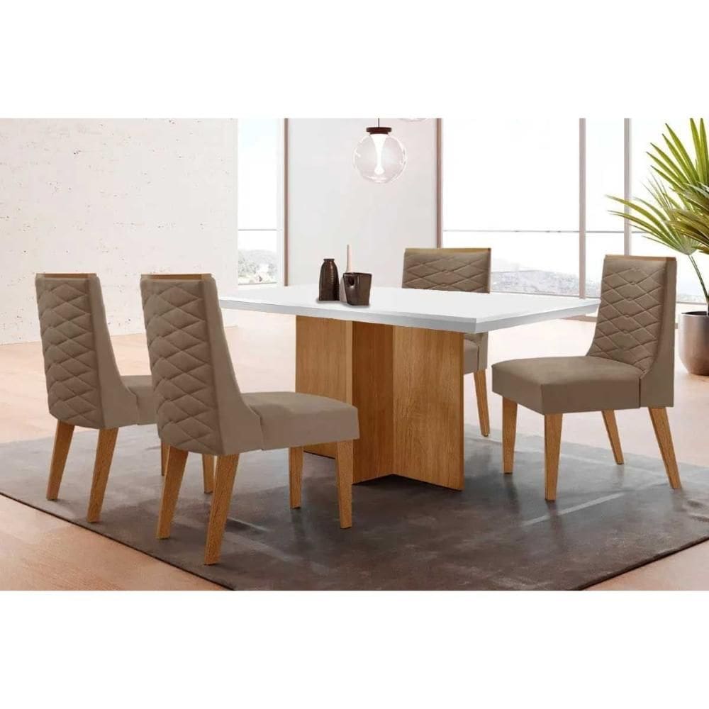 Mesa Cozinha Berlim c/ Tampo Madeirado c/ Vidro Canto Curvo 90x90cm e 4 Cadeiras Dafne Madeira Maciça Naturale/Off White - Capuccino/Suede Capuccino-R