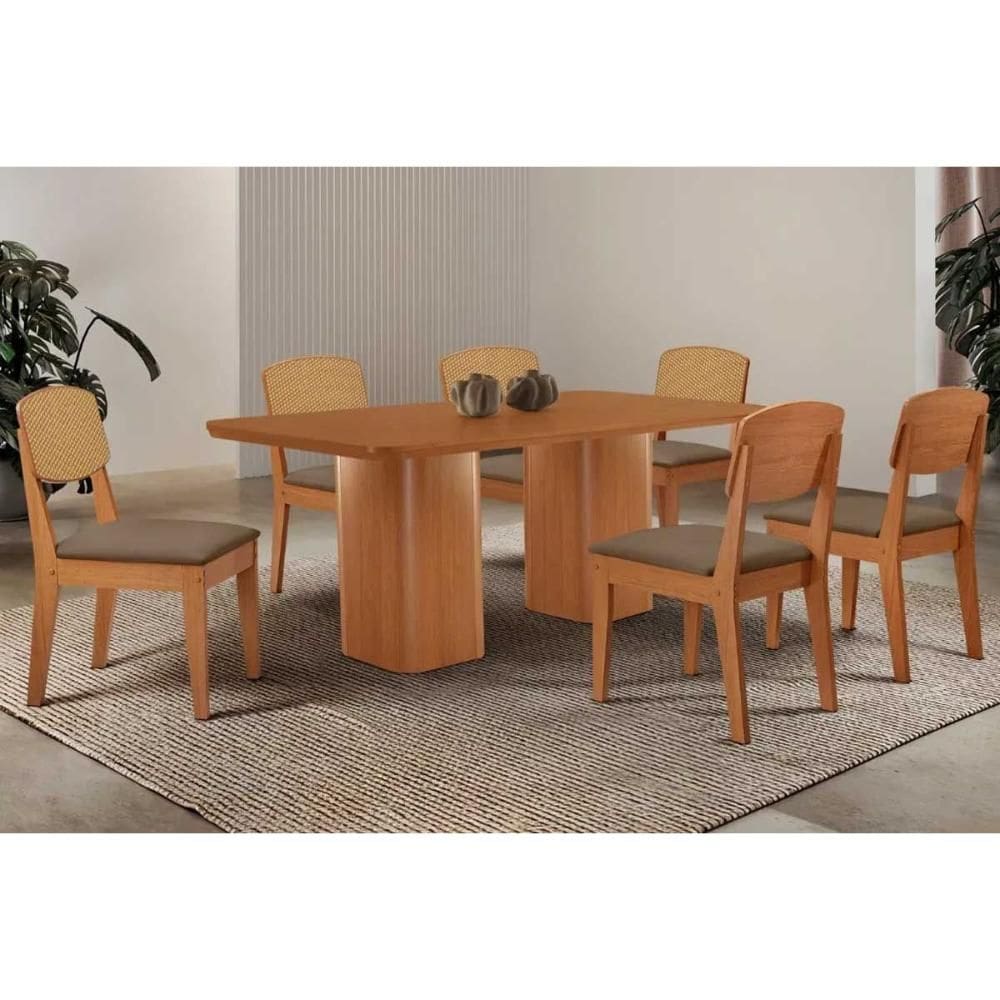 Conjunto: Mesa Sala Jantar Maldivas Curvo 180cm + 6 Cadeiras Havana Naturale - Suede Capuccino - Rufato
