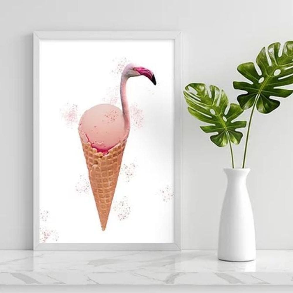 Quadro Decorativo Flamingo Sorvete 60X40Cm - Madeira Branca