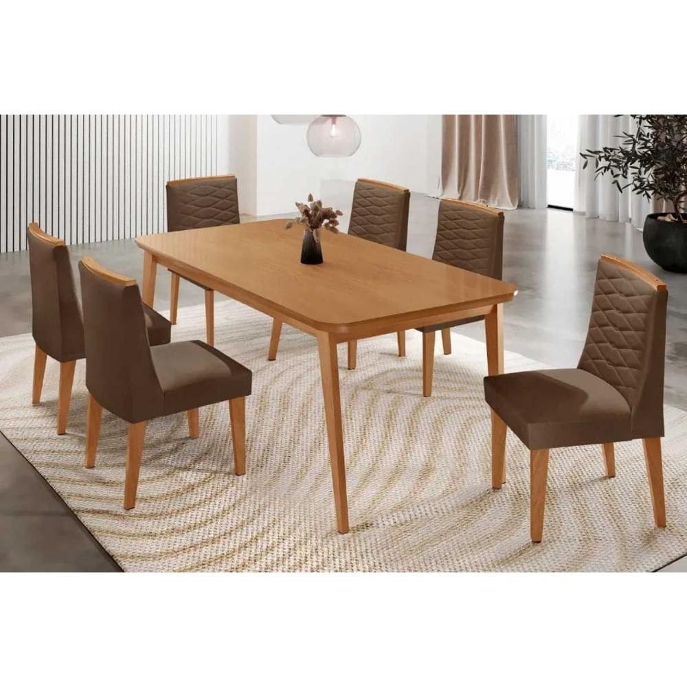 Conjunto: Mesa Sala Jantar Havana Curvo 180cm + 6 Cadeiras Maldivas Naturale - Suede Marrom - Rufato