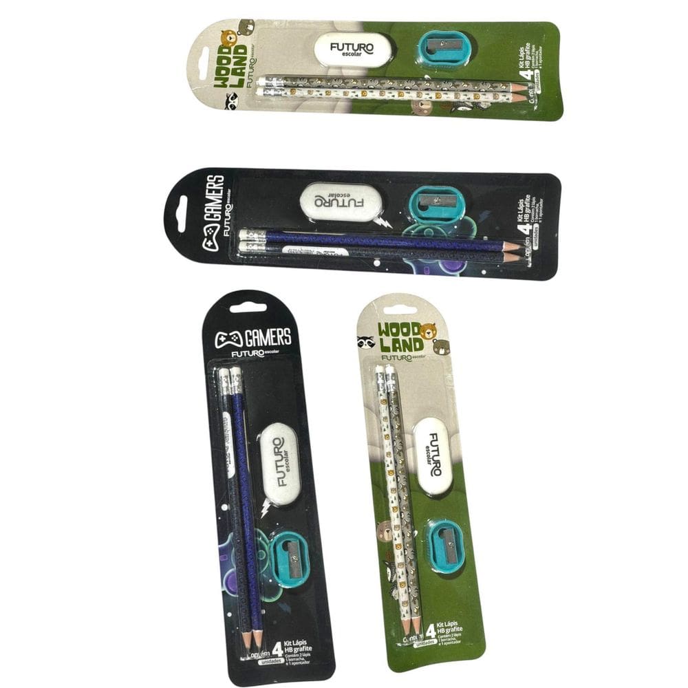Kit Material Escola 8 Lápis Hb + 4 Borrachas + 4 Apontadores