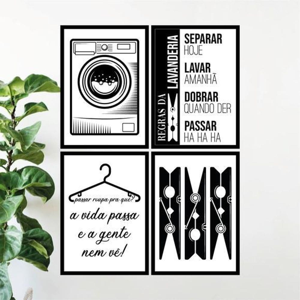 Quadro Decorativo Para Lavanderia Moldura Preta 24X18Cm 4Un
