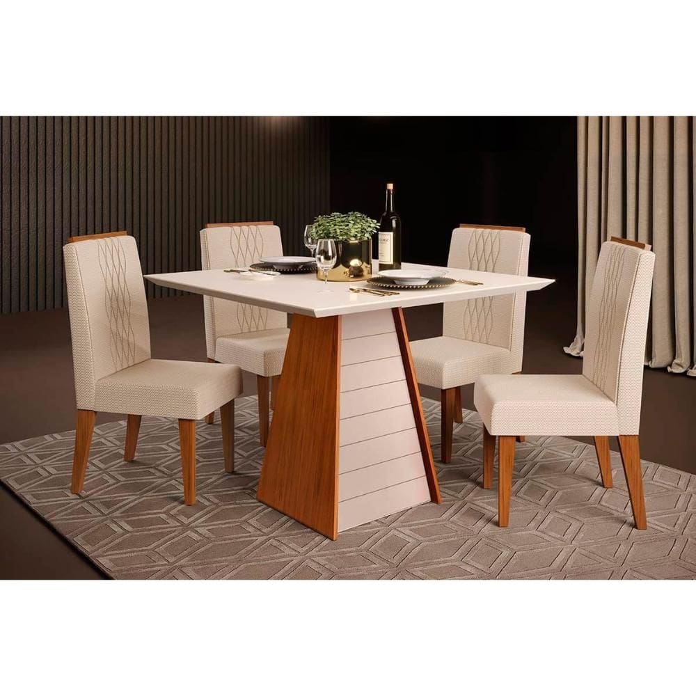 Conjunto: Mesa de Cozinha Fler c/ Tampo Madeirado c/ Vidro 90x90cm e 4 Cadeiras Lia Freijo/Off White - Linho Neve - DJ Móveis