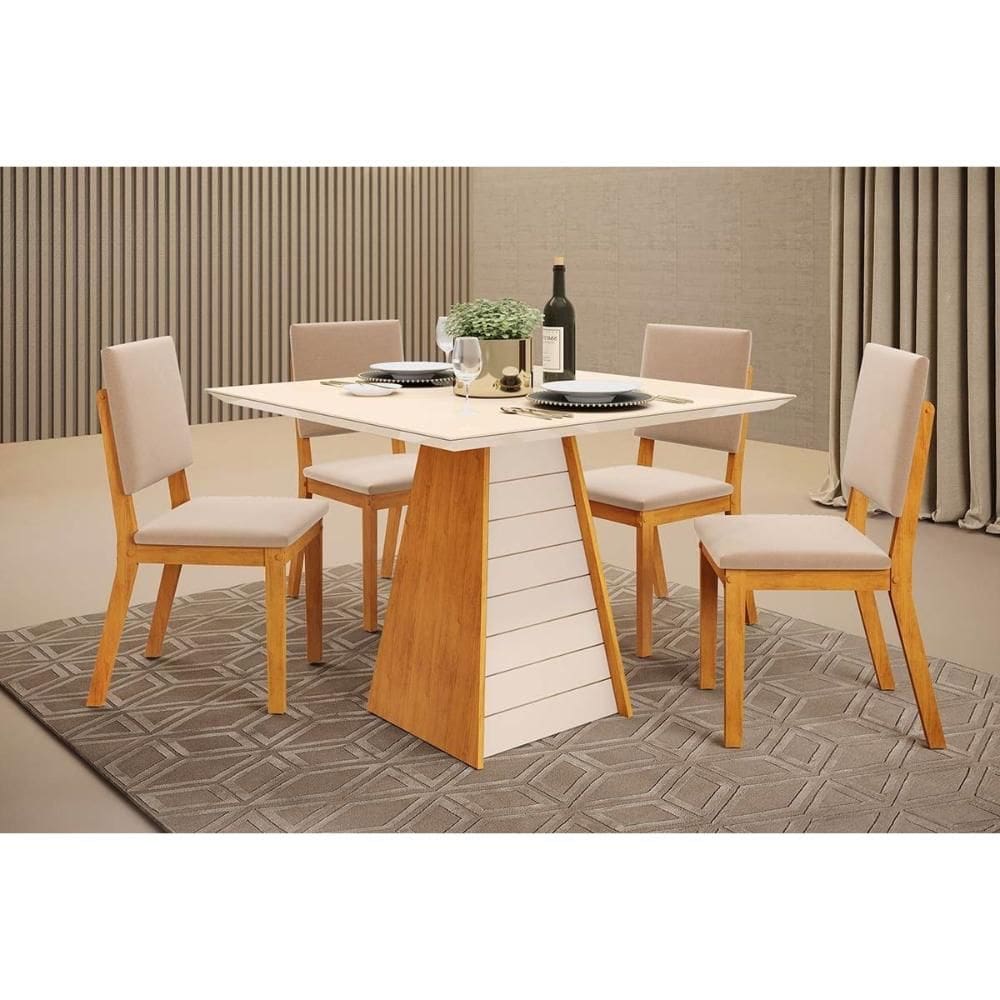 Conjunto: Mesa de Cozinha Fler c/ Tampo Madeirado c/ Vidro 90x90cm e 4 Cadeiras Talia Cedro/Off White - Suede Creme - DJ Móveis