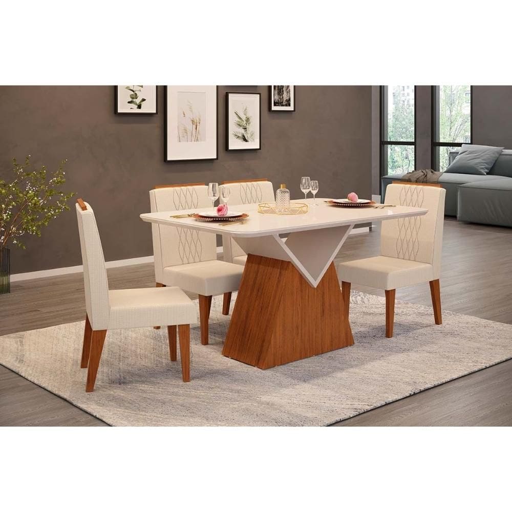 Conjunto: Mesa Sala Jantar Argo c/ Tampo Madeirado c/ Vidro Curvo 136x90cm e 4 Cadeiras Lia Freijo/Off White - Linho Neve - DJ Móveis