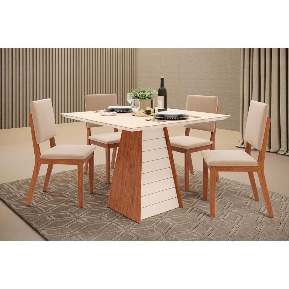Conjunto: Mesa Sala Jantar Fler c/ Tampo Madeirado c/ Vidro 90x90cm e 4 Cadeiras Talia Freijo/Off White - Suede Creme - DJ Móveis