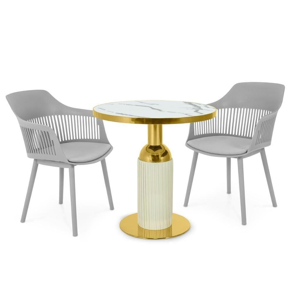 Conjunto Mesa De Jantar Redonda Imperial 70cm Branca Com 2 Cadeiras Estofadas Marcela - Cinza