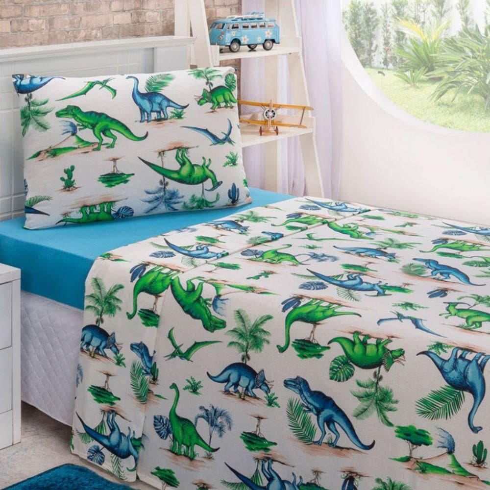 Jogo De Cama Lençol Em Malha Solteiro Dinossauro 3 pç Verde