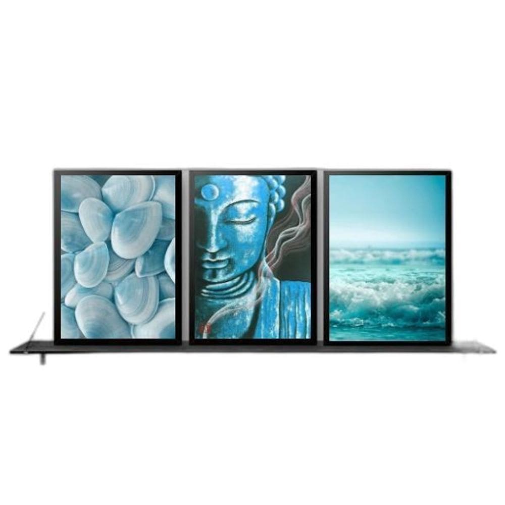 Kit 3 Quadros Zen Buda Mar Azul 33X24Cm Moldura Preta