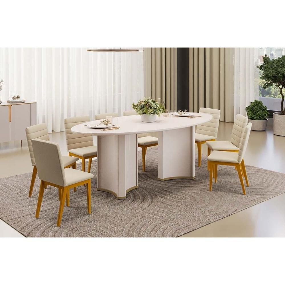 Conjunto: Mesa Sala Jantar Liz c/ Tampo Madeirado c/ Vidro Oval 218x108cm e 8 Cadeiras Sofia Off White - Ipe/Linho Neve - DJ Móveis