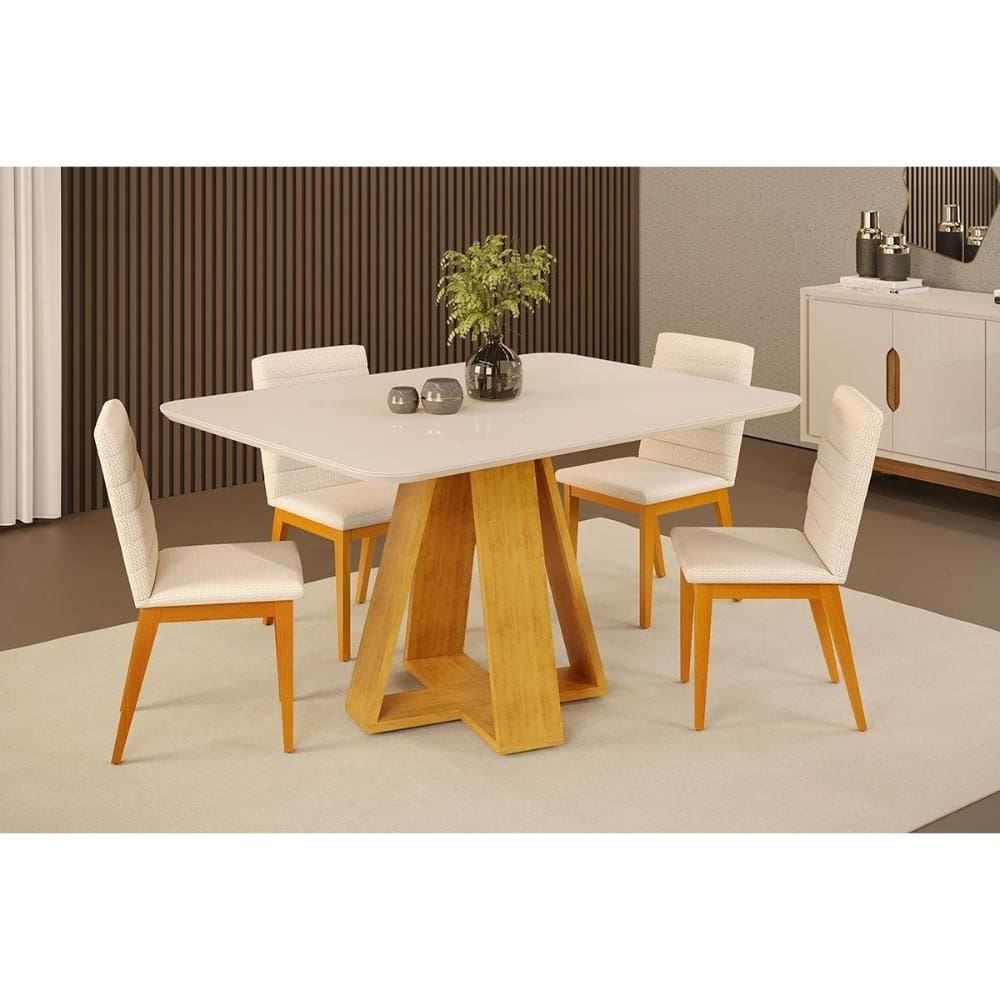 Conjunto: Mesa de Cozinha Celeste c/ Tampo Madeirado c/ Vidro Curvo 120x90cm e 4 Cadeiras Sofia Cedro/Off White - Ipe/Linho Neve - DJ Móveis