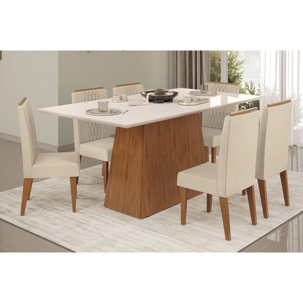 Cozinha Completa DJ Móveis Dulce c/ Tampo Madeirado c/ Vidro Reto 180x90cm e 6 Cadeiras Lia Freijo/Off White - Linho Neve