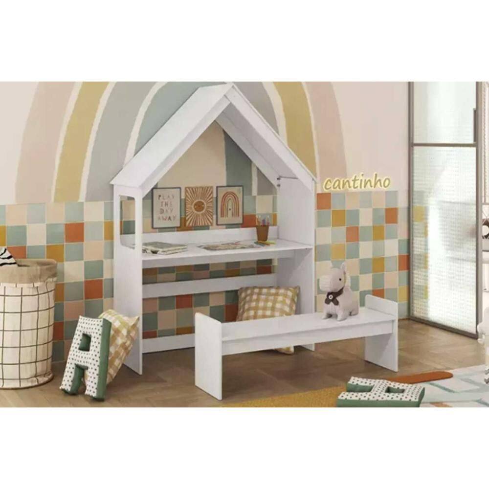 Mesa Escrivaninha Juvenil Casinha c/ Banco Branco - Peroba