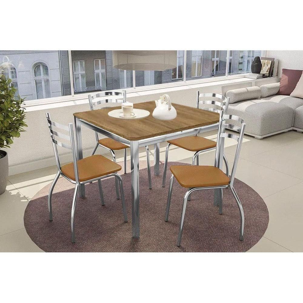 Conjunto: Mesa de Cozinha Reno c/ Tampo de Madeira 90cm e 4 Cadeiras Portugal Cromada/Capuccino - Kappesberg