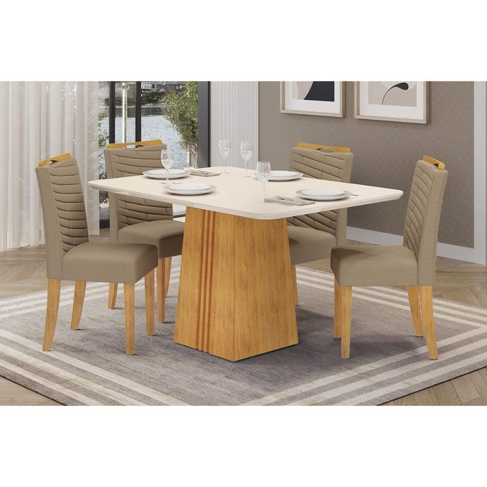 Cozinha Completa DJ Móveis Italia c/ Tampo Madeirado c/ Vidro 120x90cm e 4 Cadeiras Julia Cedro/Off White - Linho Bege