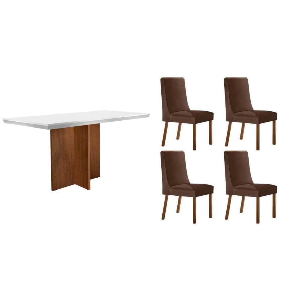 Conjunto Mesa Berlim c/ Tampo Madeirado c/ Vidro Canto Curvo 120x80cm e 4 Cadeiras Dakota Madeira Maciça Naturale/Off White - Capuccino/Suede Marrom-R